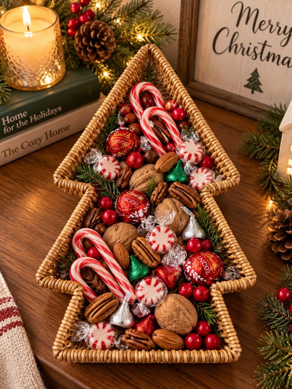 NWT Christmas Tree Wicker Basket Holiday Candy Nut Tray